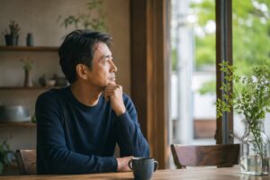 男性が窓を見てる